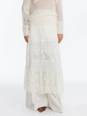 Textured Floral Print Lace Panel Skirt