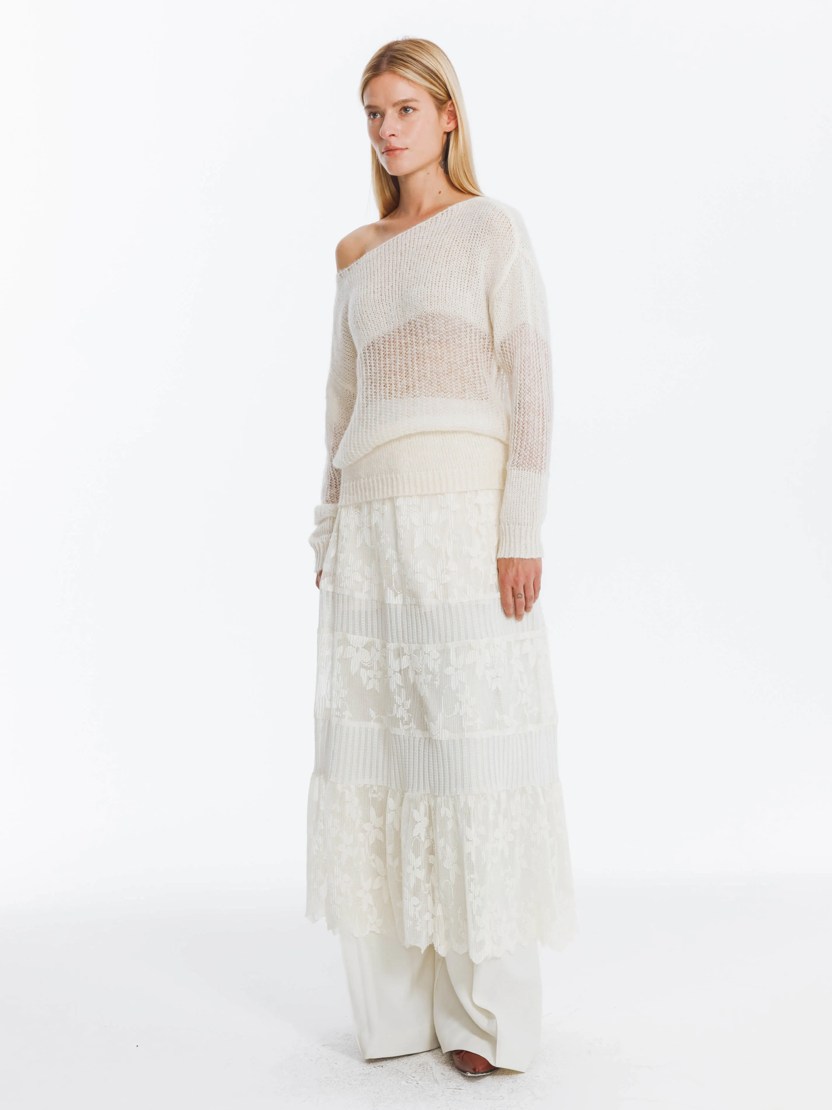 Textured Floral Print Lace Panel Skirt