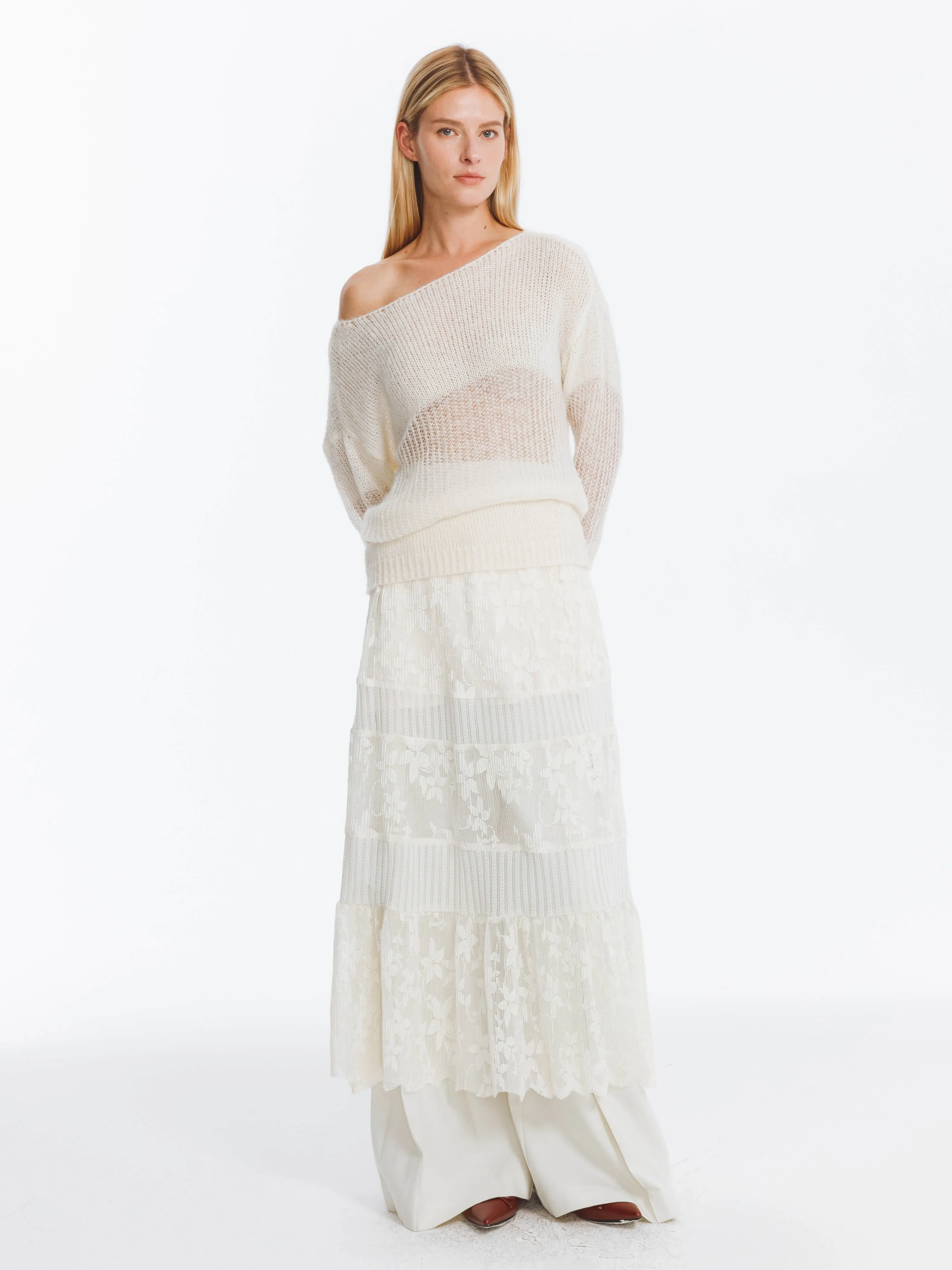 Textured Floral Print Lace Panel Skirt