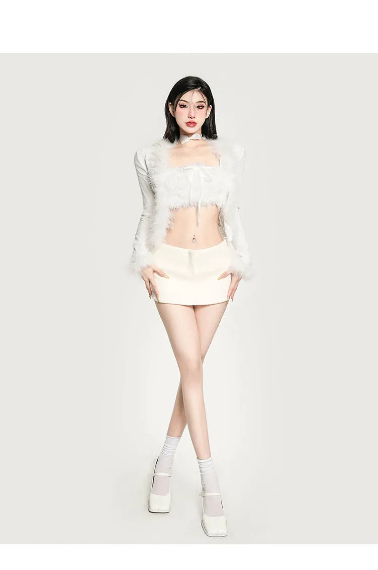 Vanessa Solid Color Faux Fur Patchwork Tube Top Long Sleeve Cardigan Top Set