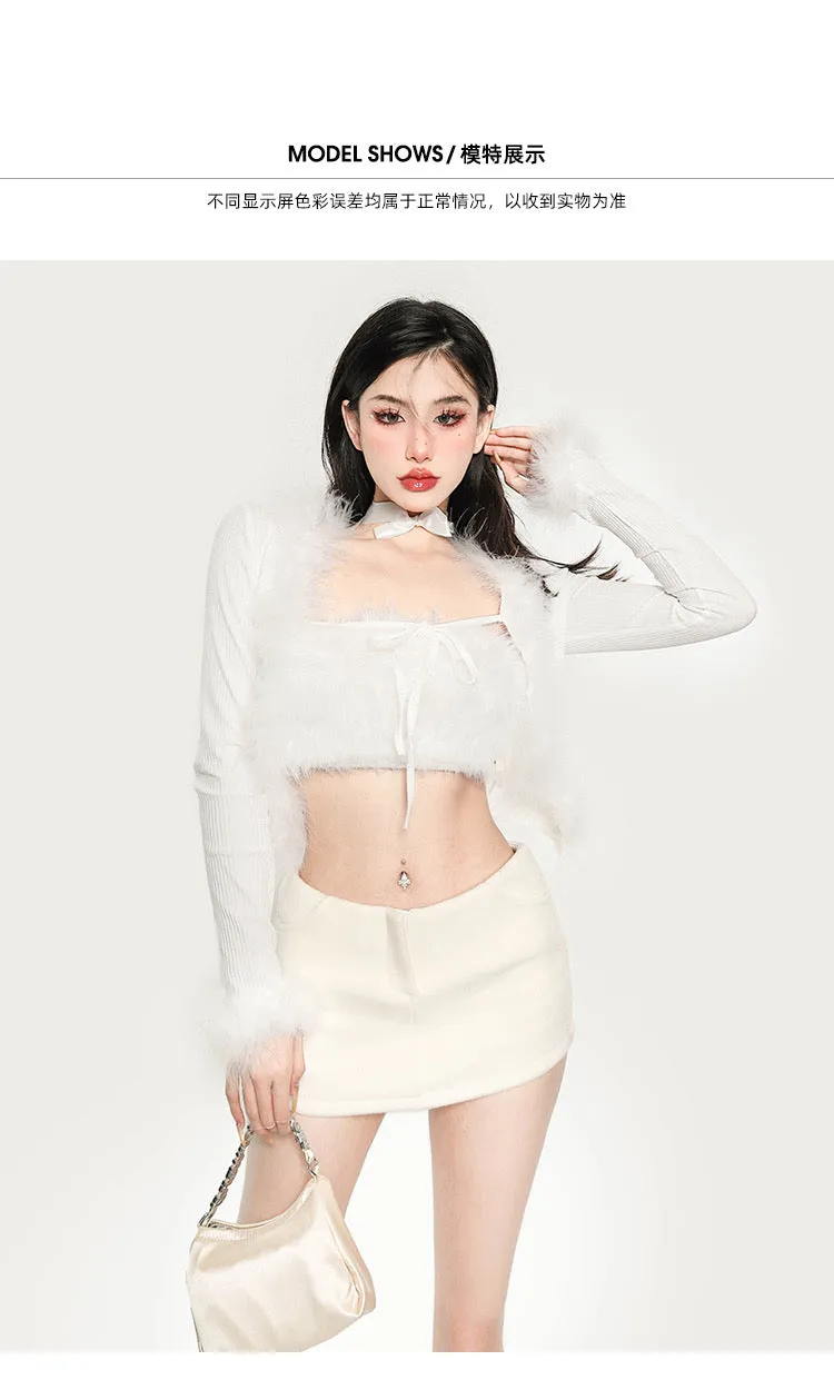 Vanessa Solid Color Faux Fur Patchwork Tube Top Long Sleeve Cardigan Top Set