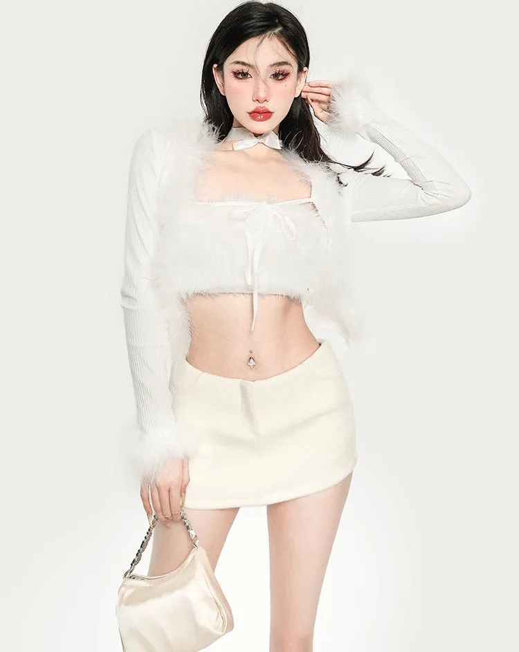 Vanessa Solid Color Faux Fur Patchwork Tube Top Long Sleeve Cardigan Top Set
