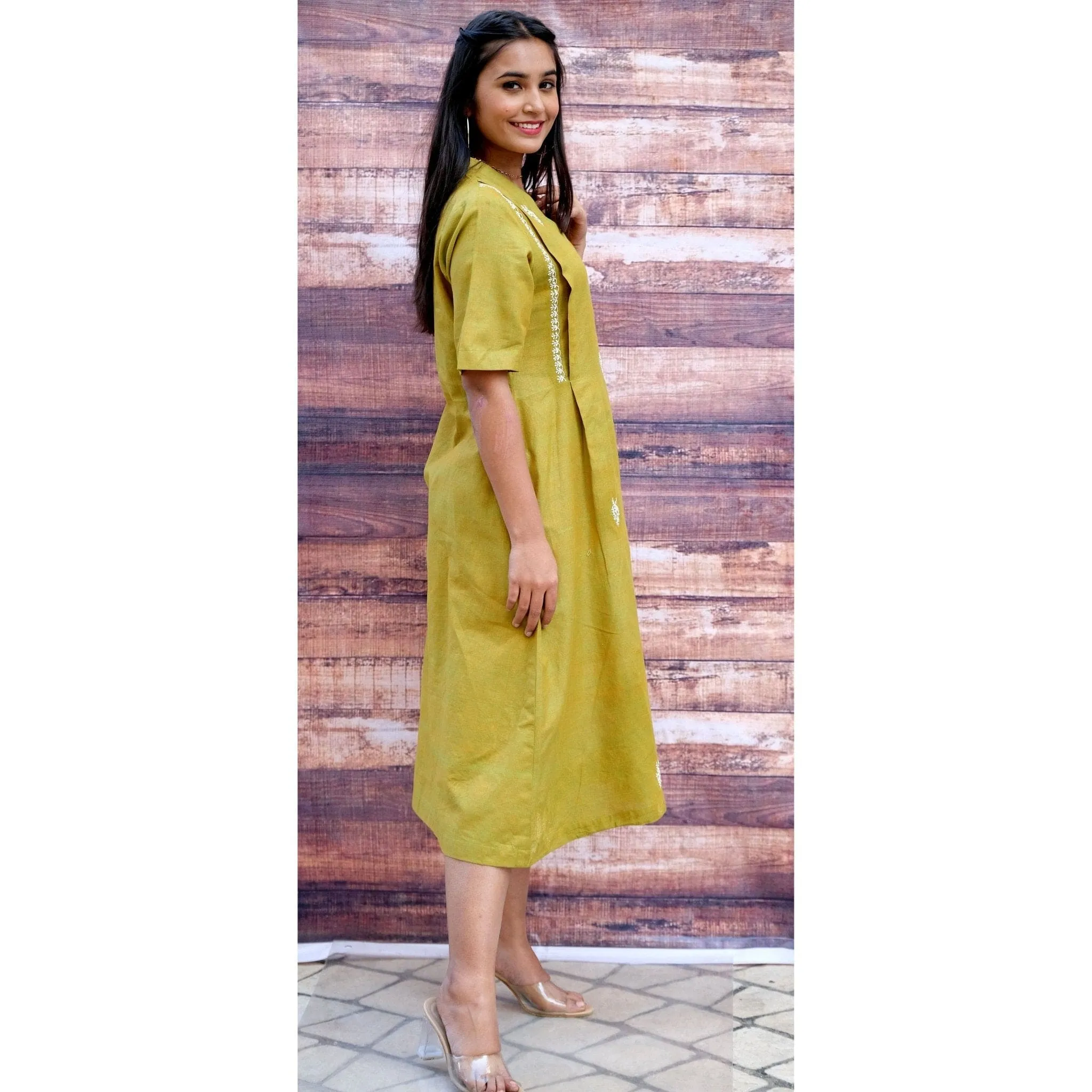 Women Green Chikankari Cotton Dress
