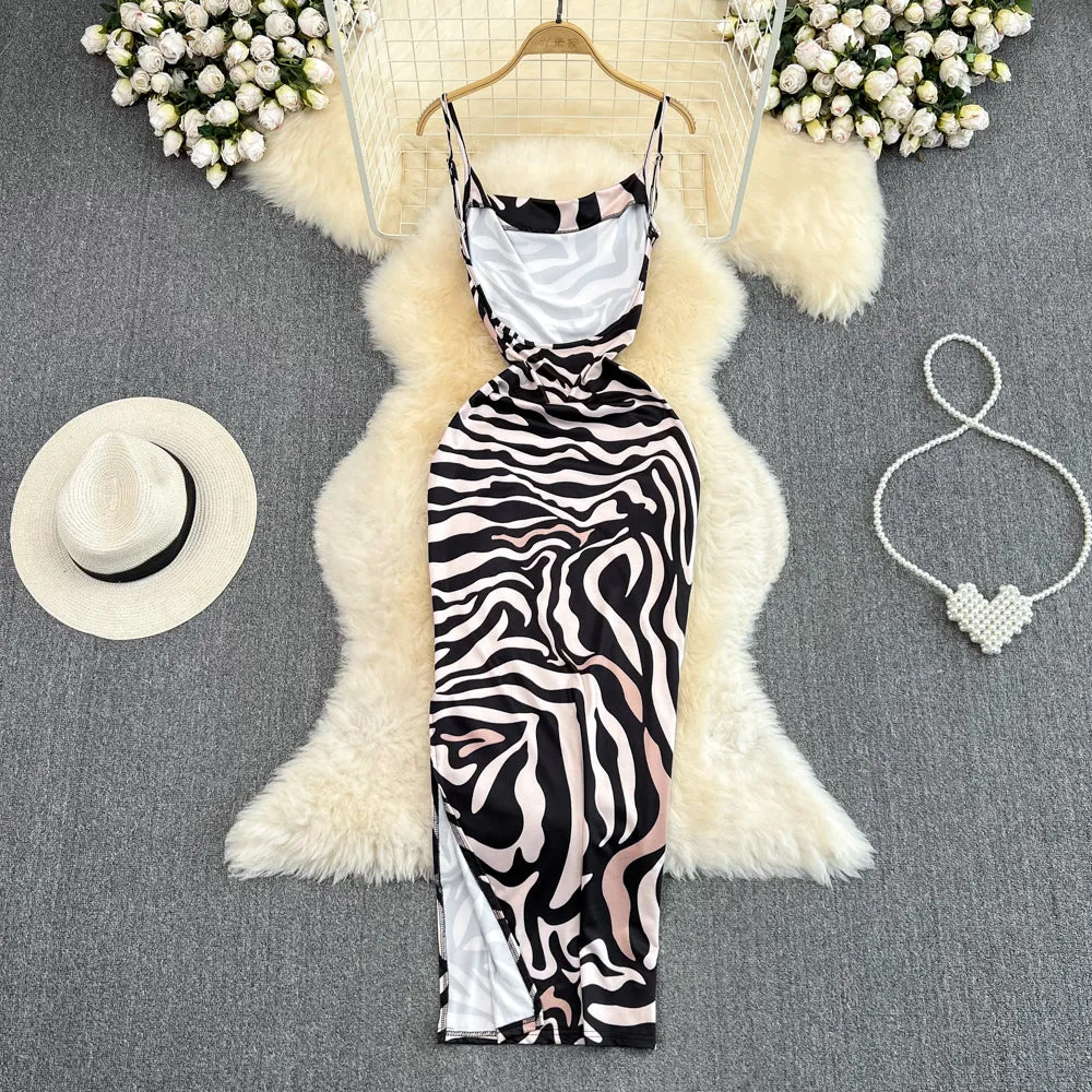Zebra Printed Split Slip Dress