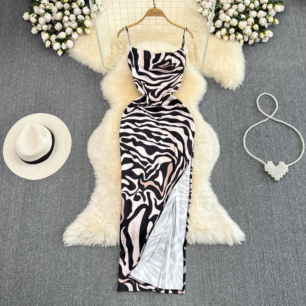 Zebra Printed Split Slip Dress